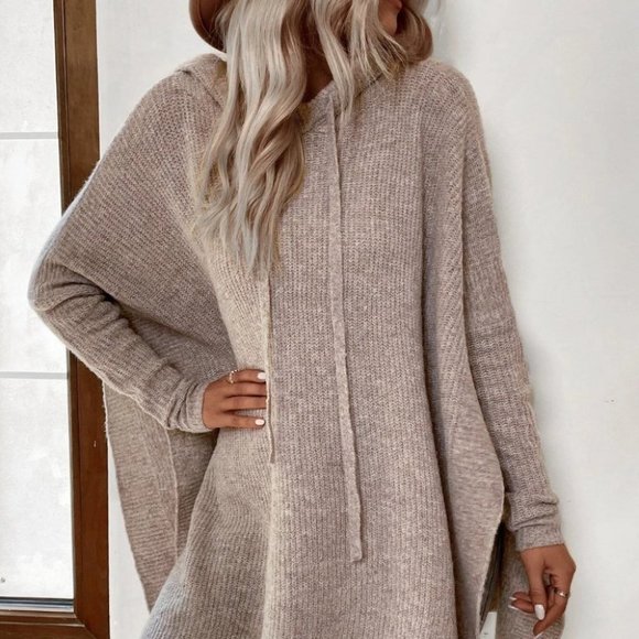 . Sweaters - Casual Womens Hooded knit Sweater top Khaki